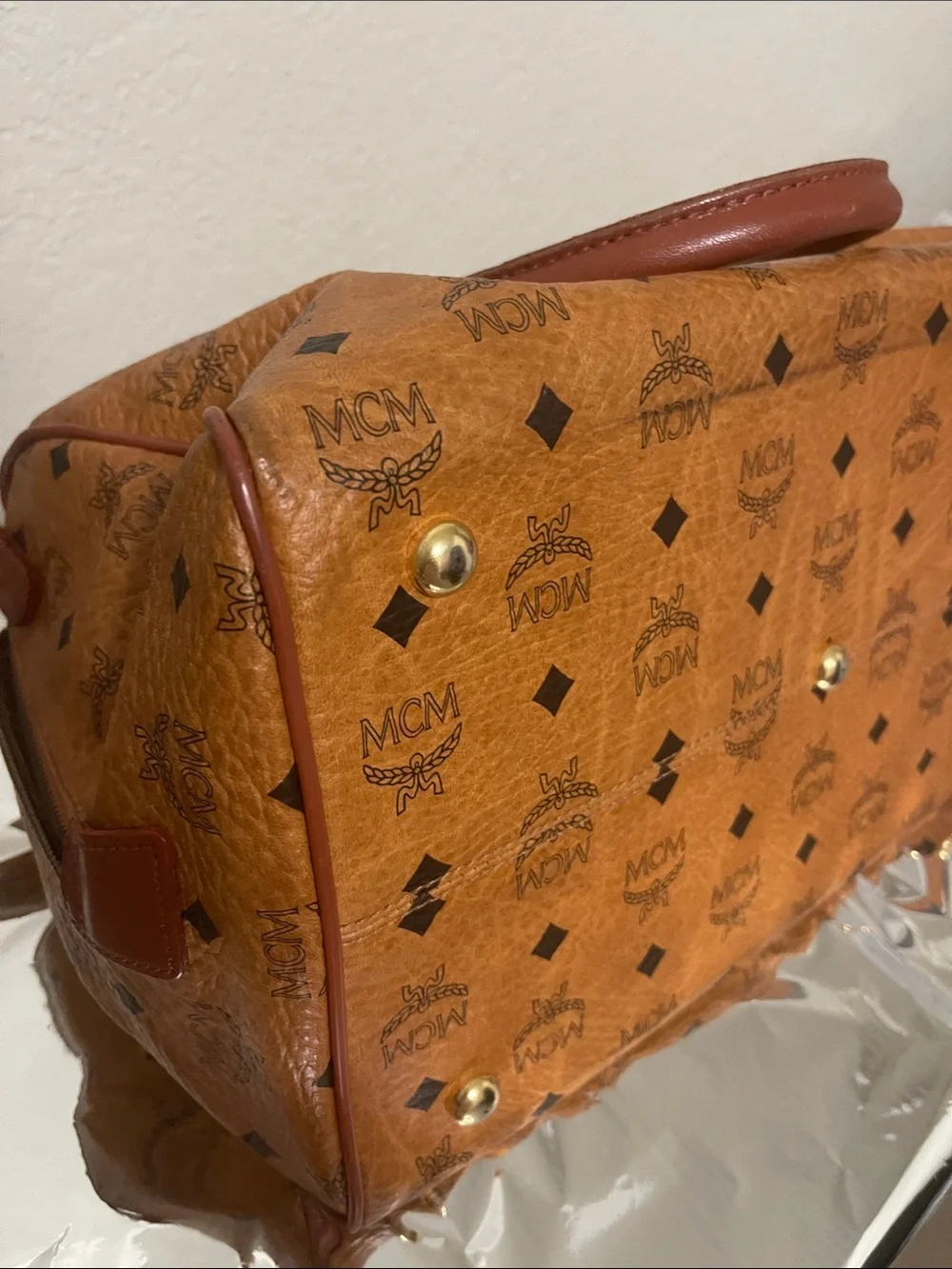 MCM Cognac Visetos Monogram Bag with Gold Hardware